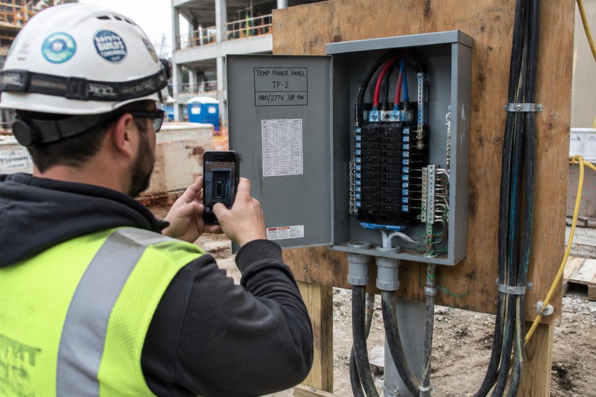 Electrician photographing a repaired temporary power panel