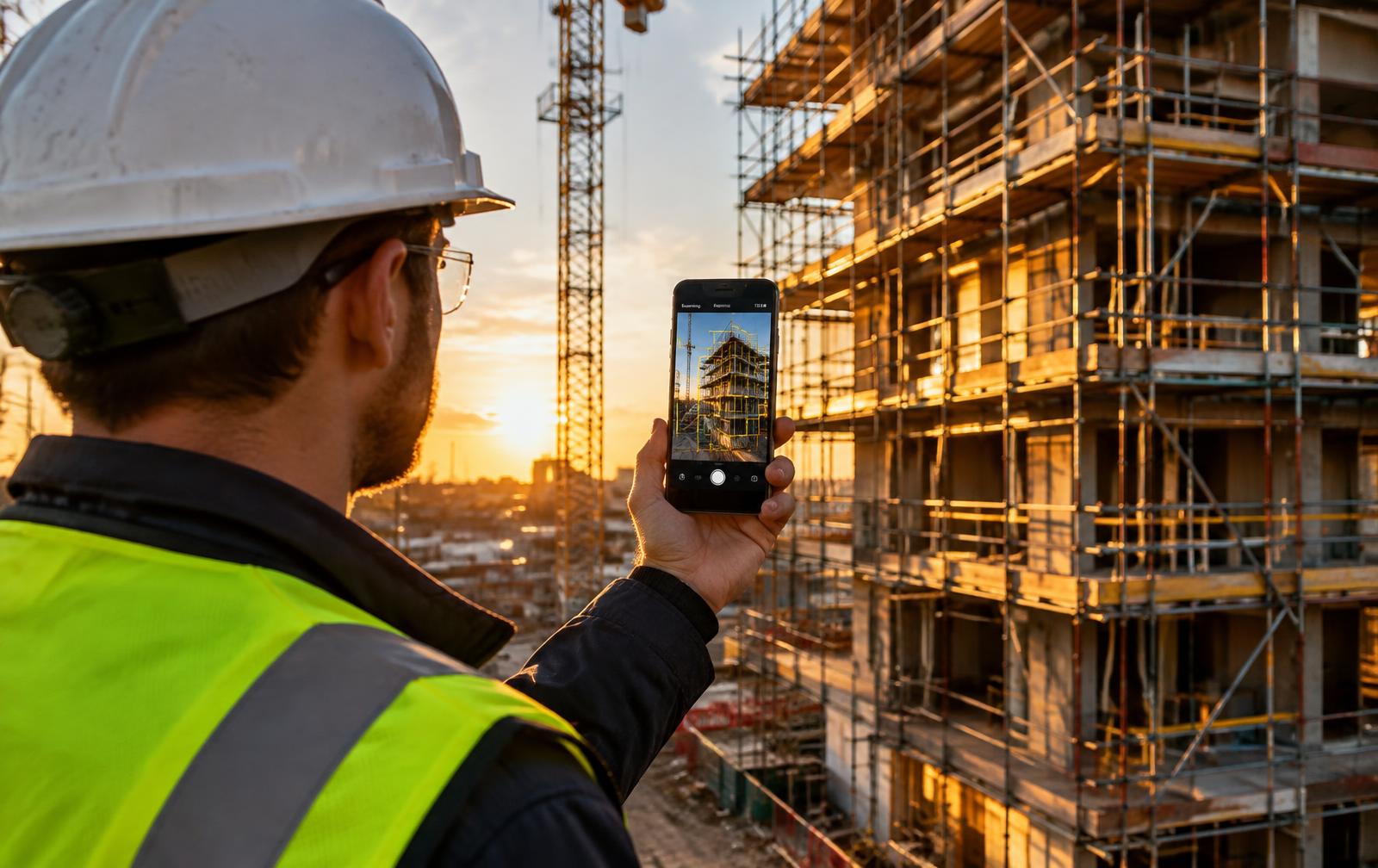 Safety inspector scanning a construction site with a phone