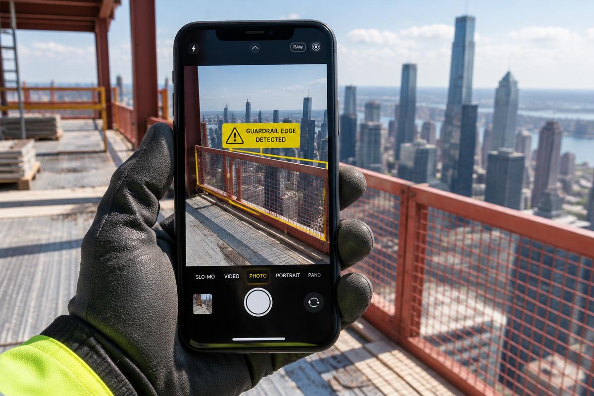 Phone flagging an open guardrail edge on a high-rise deck